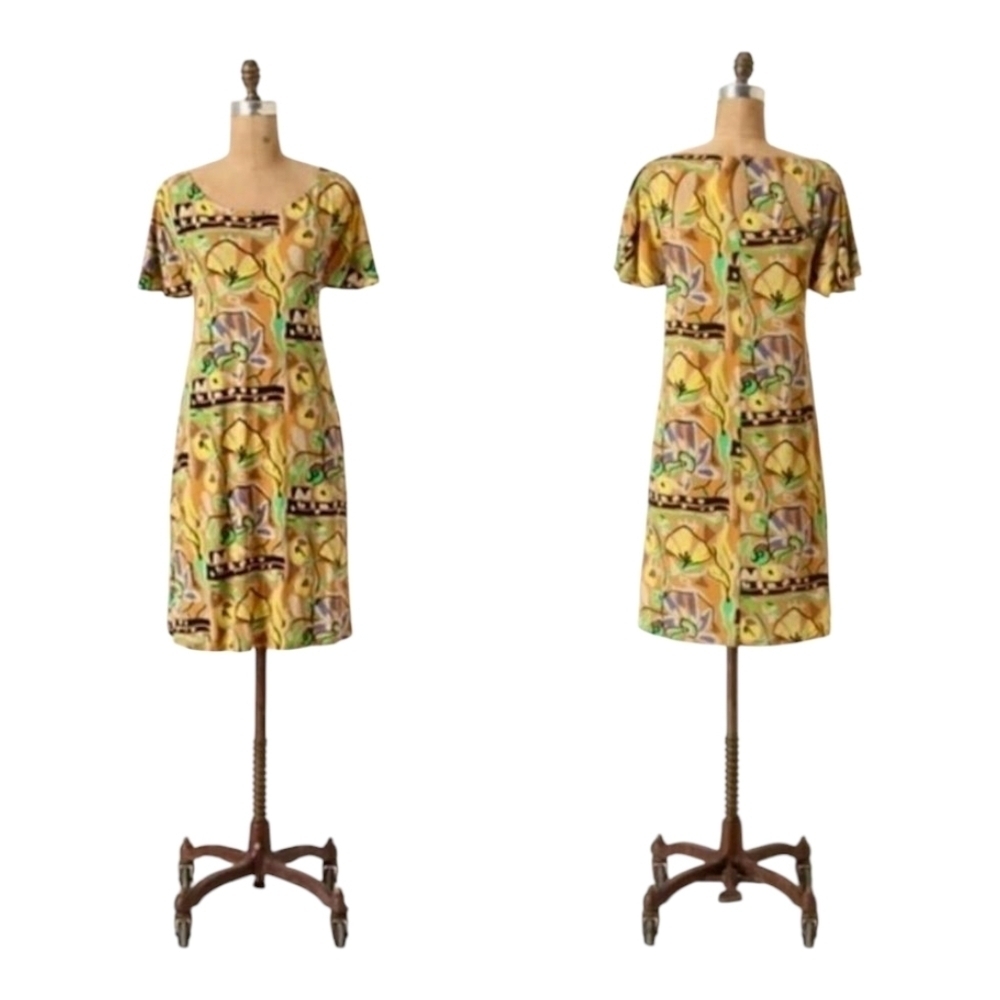 Anthropologie Vanessa Virginia Mina Yellow Print Shift Dress Large Rayon Silk